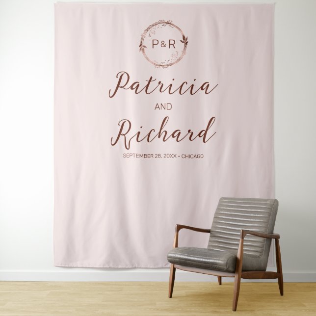 Misty Rose Monogram faux foil Wedding Backdrop (In Situ)