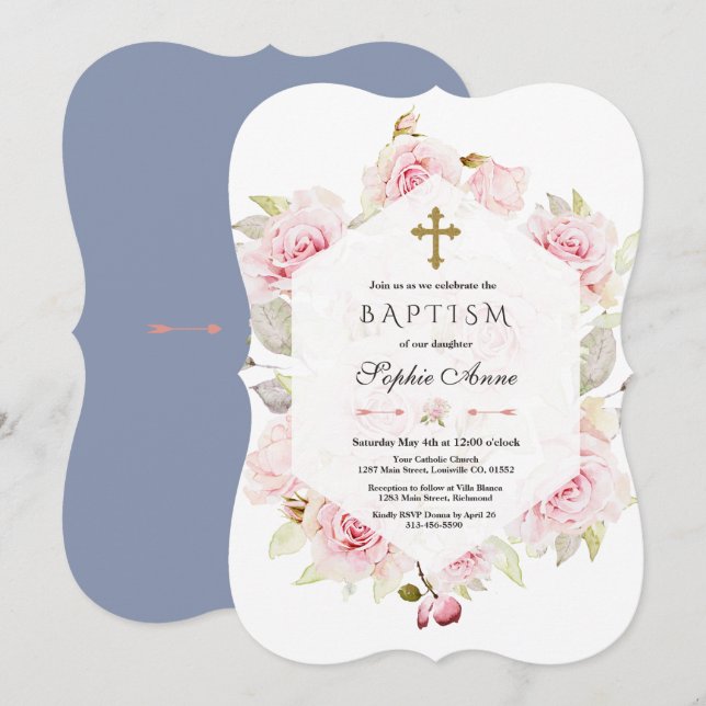 Misty Rose Pretty Blush Floral Geometric Baptism Invitation (Front/Back)