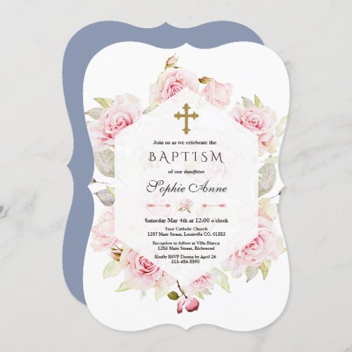 Misty Rose Pretty Blush Floral Geometric Baptism Invitation