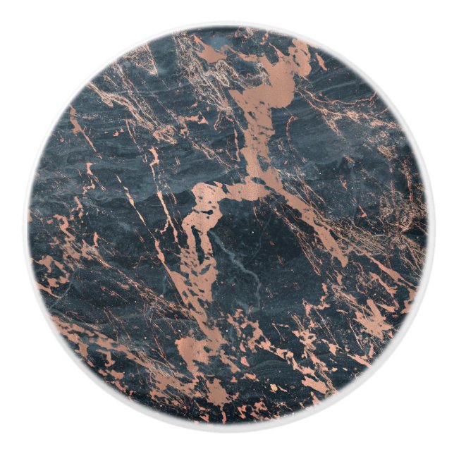 Misty Rustic Blue & Rose Gold Pink Glam Marble Ceramic Knob (Front)