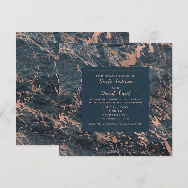 Misty Rustic Blue & Rose Gold Pink Glam Marble Invitation (Front/Back)