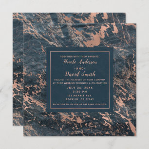 Misty Rustic Blue & Rose Gold Pink Glam Marble Invitation