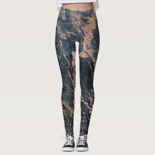 Misty Rustic Blue & Rose Gold Pink Glam Marble Leggings