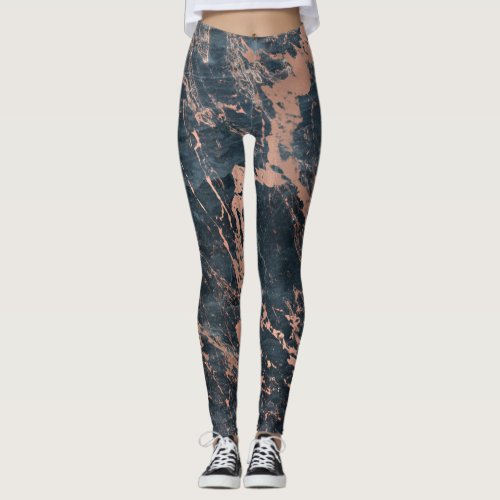 Misty Rustic Blue  Rose Gold Pink Glam Marble Leggings