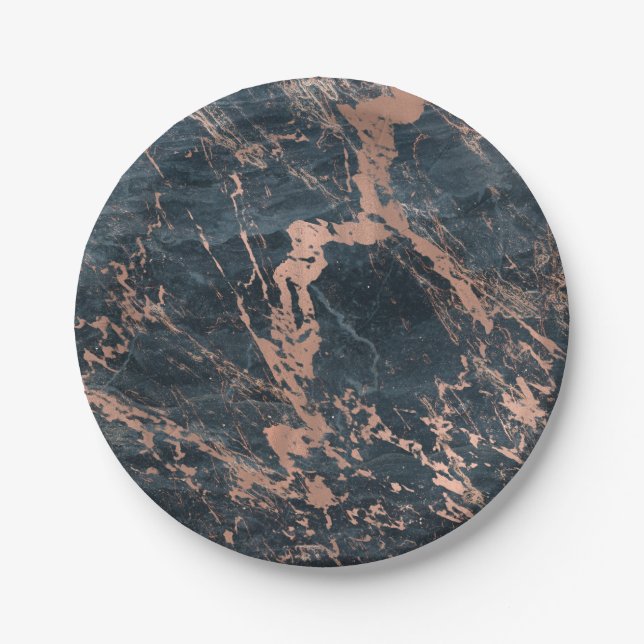 Misty Rustic Blue & Rose Gold Pink Glam Marble Paper Plates (Front)