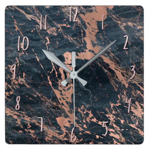 Misty Rustic Blue &amp; Rose Gold Pink Glam Marble Square Wall Clock