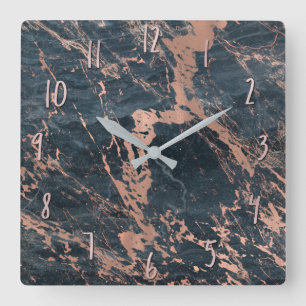 Misty Rustic Blue & Rose Gold Pink Glam Marble Square Wall Clock