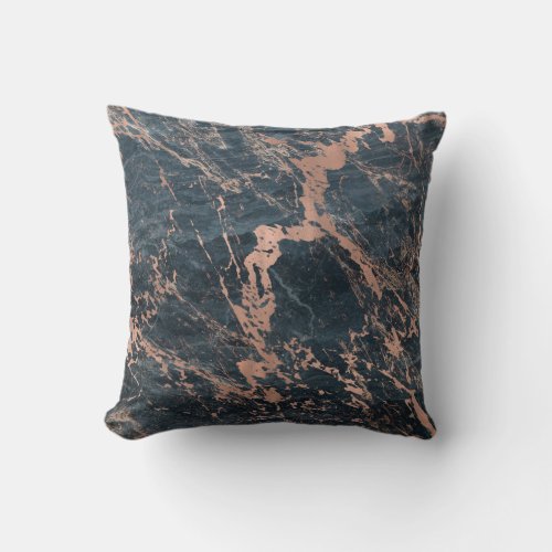 Misty Rustic Blue  Rose Gold Pink Glam Marble Throw Pillow