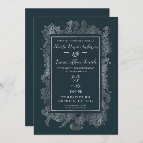 Misty Rustic Blue  Silver Elegant Floral Wedding Invitation