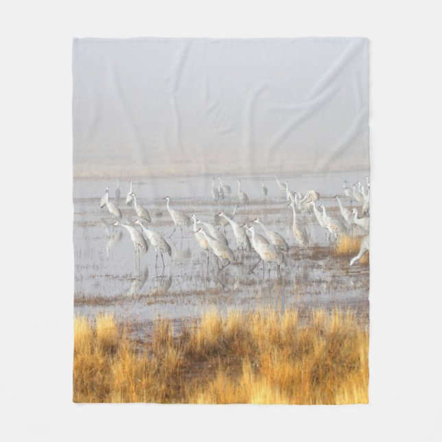Misty Sandhill Cranes Fleece Blanket (Front)