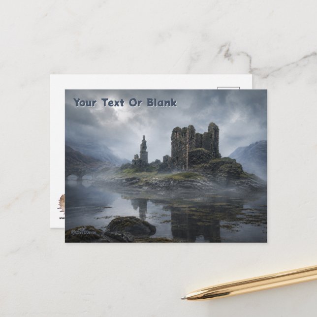 Misty Scottish Castle Ruins Postcard (Front/Back In Situ)