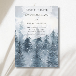 Misty Snowy Forest Mountain Watercolor Wedding Save The Date