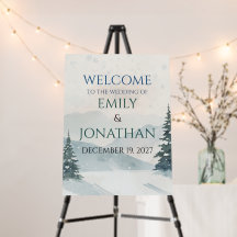 Misty Snowy Mountain Winter Wedding Welcome Sign