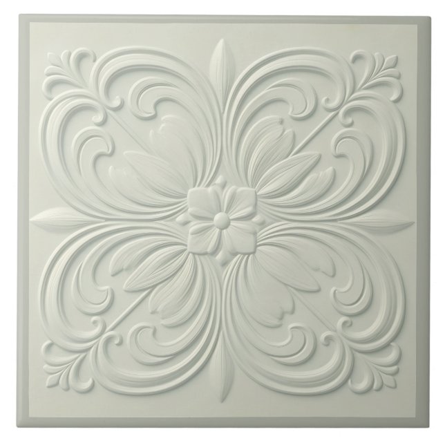 Misty Soft Green Faux Relief Floral Ceramic Tile (Front)