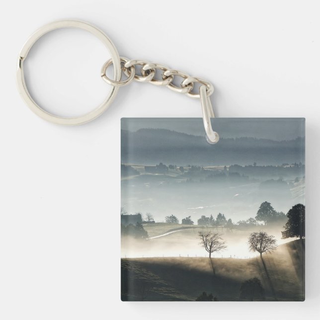 Misty Switzerland Countryside Landscape Keychain (Front)
