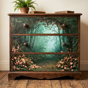 Misty Teal Forest Pink Rose Stone Path Decoupage Tissue Paper