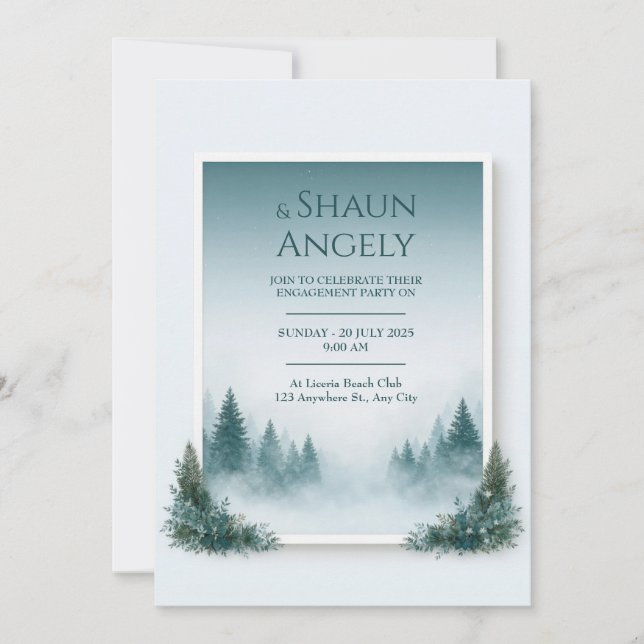 Misty Teal Pine Frame Wedding Invitation (Front)