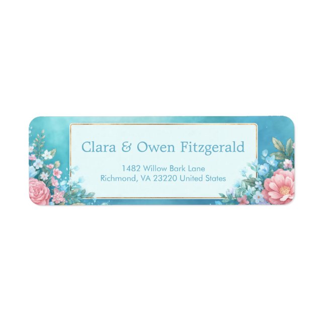 Misty Teal Pink Peony Gold Frame Wedding Label (Front)