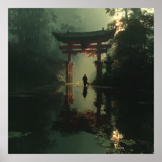 Misty Torii Gate Dawn Solitude Figure Poster (Front)
