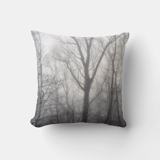 Misty Trees Grey Woodland Throw Pillow (Front)