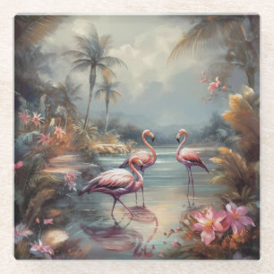 Misty Tropical Flamingo Botanical Paradise Glass Coaster