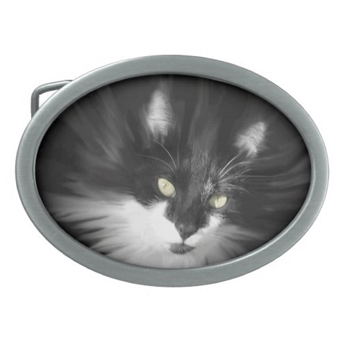 Misty Tuxedo Cat Oval Belt Buckle