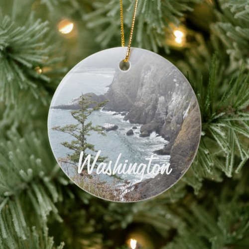 Misty Washington Coastline Scene Holiday Ceramic Ornament