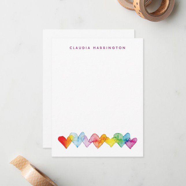 Misty Watercolor Hearts Personalized  Note Card (Front/Back In Situ)