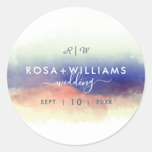misty watercolor landscape monogram wedding classic round sticker