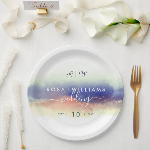 misty watercolor landscape monogram wedding paper plates