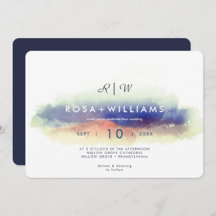 misty watercolor landscape monogrammed wedding invitation