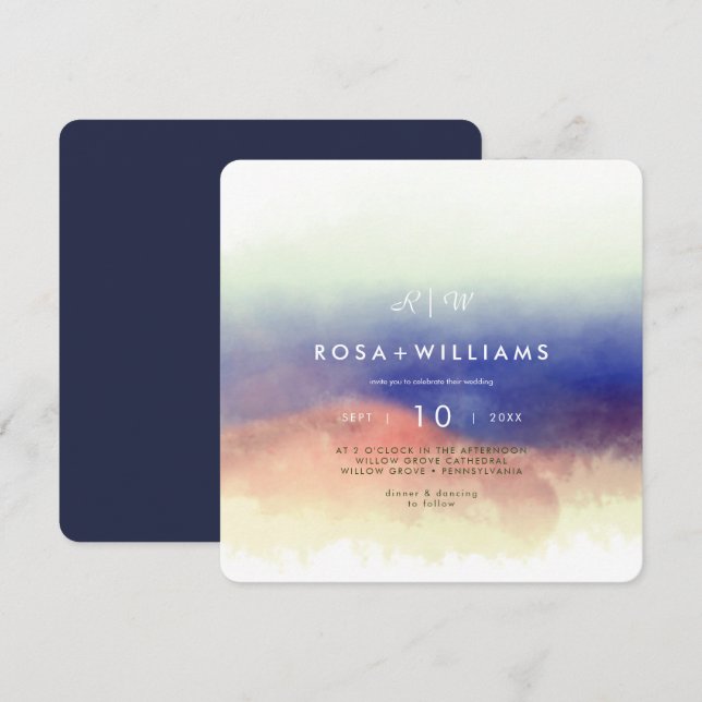 misty watercolour landscape monogrammed wedding invitation (Front/Back)