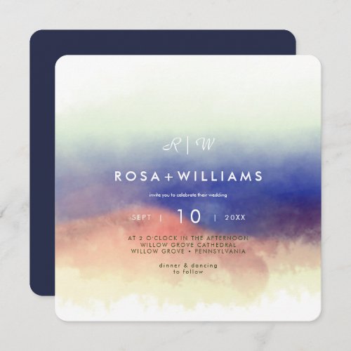 misty watercolour landscape monogrammed wedding invitation