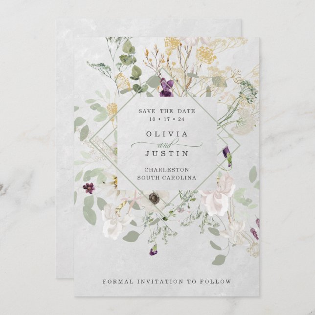 Misty Wildflowers | Delicate Geometric Gray Back Save The Date (Front/Back)