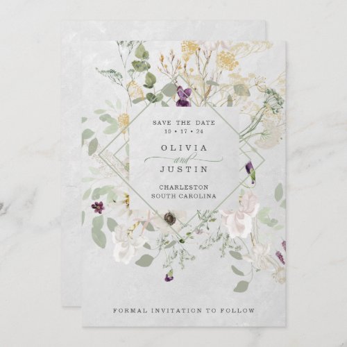 Misty Wildflowers  Delicate Geometric Gray Back Save The Date