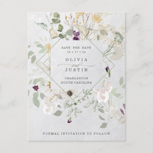 Misty Wildflowers  Gray Geometric Save the Date Announcement Postcard