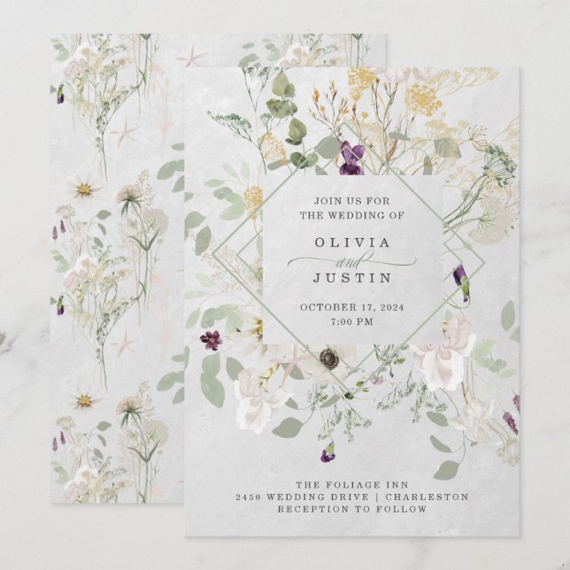 Misty Wildflowers | Soft Gray Geometric Wedding In Invitation (Front/Back)