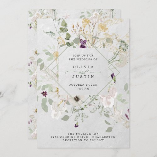 Misty Wildflowers  Soft Gray Geometric Wedding In Invitation