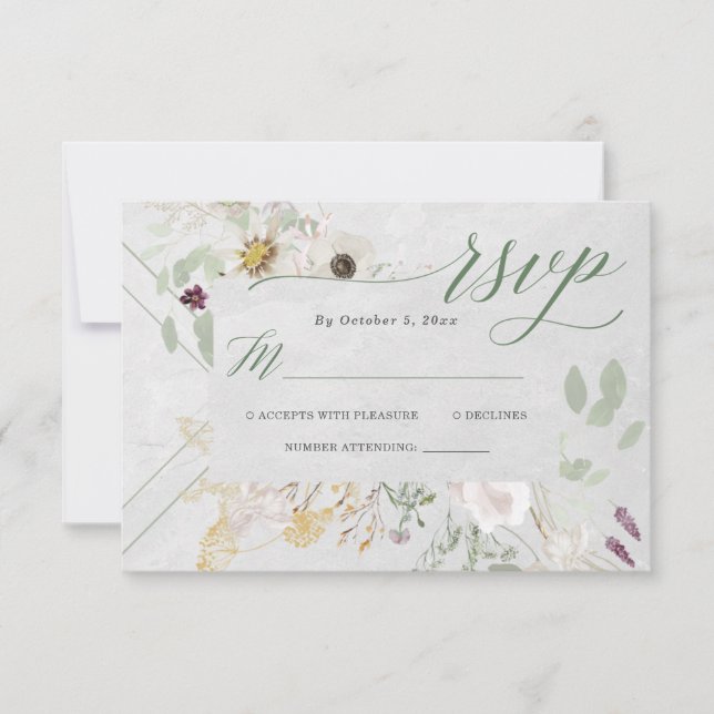 Misty Wildflowers | Soft Gray Geometric Wedding RS RSVP Card (Front)