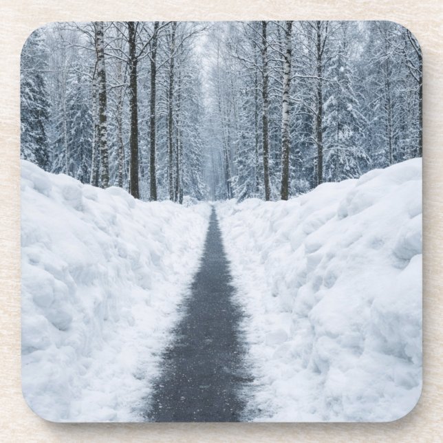 Misty Winter Forest Path Winter Landscape Beverage Coaster (Front)