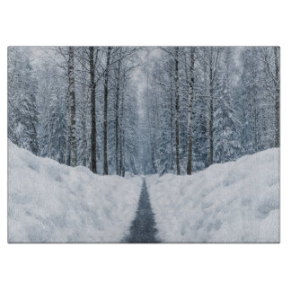 Misty Winter Forest Path Winter Landscape Cutting Board