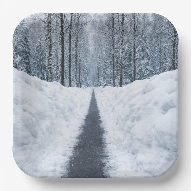 Misty Winter Forest Path Winter Landscape Paper Plates (Front)