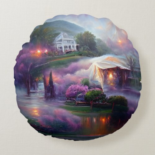 Misty Wisteria House on the Hill Round Pillow