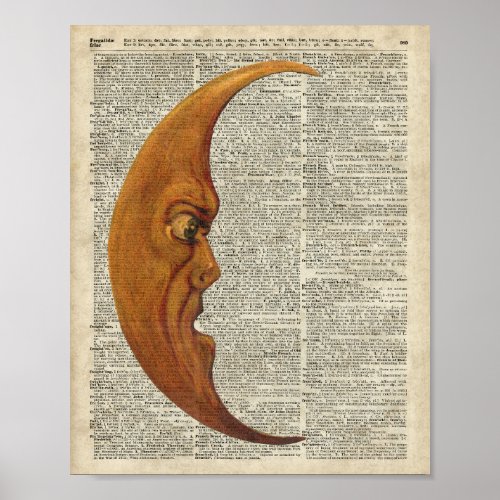 Mistycal Miedieval Moon Face Vintage Illustration Poster