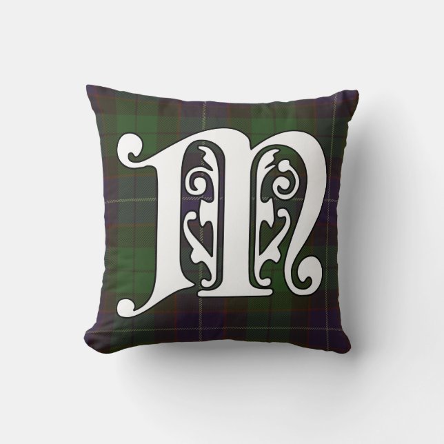 Mitchell Clan Tartan Monogram Throw Pillow (Front)