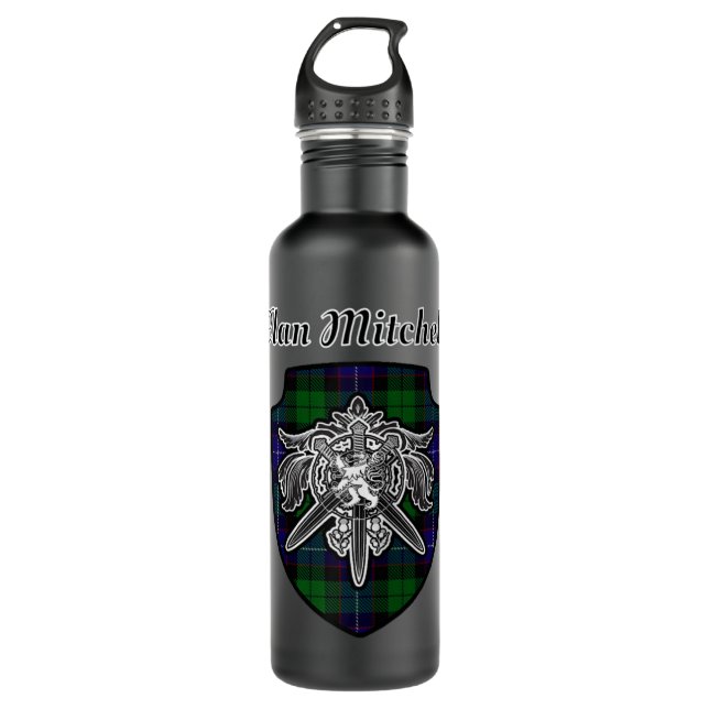 Mitchell Scottish Clan Tartan Lion Sword Crest.png Stainless Steel Water Bottle (Front)