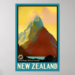 Mitre Peak New Zealand vintage travel Poster