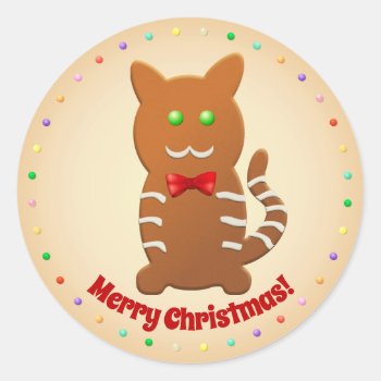Mitzipher The Sweet Gingerbread Cat Cartoon Classic Round Sticker by XmasJoy at Zazzle