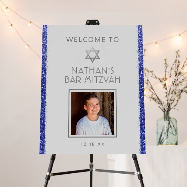 Mitzvah Silver Gray Blue Glitter Photo Welcome  Foam Board (In Situ (Stand))