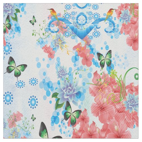 Mix Blue abstract with salmon color flowers Fabric